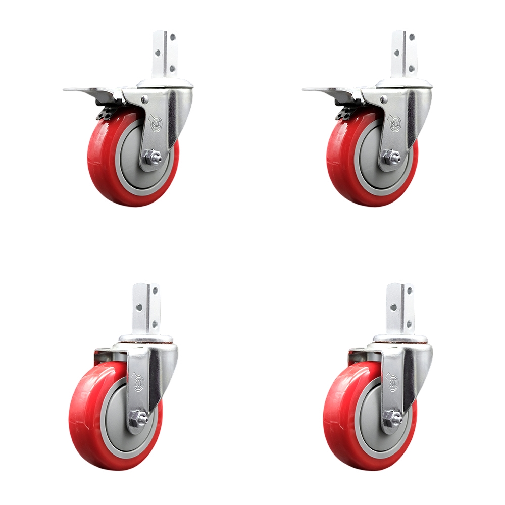 Swivel Square Stem Caster Set 4 w/4” x 1.25” Red Poly Wheel - 7/8” x 2” Square Stem with (3) 17/64” Diameter Mounting Holes - Includes 2 Total Lock Brakes-1400lbs. Cpty/Caster - Service Caster Brand — photo 1