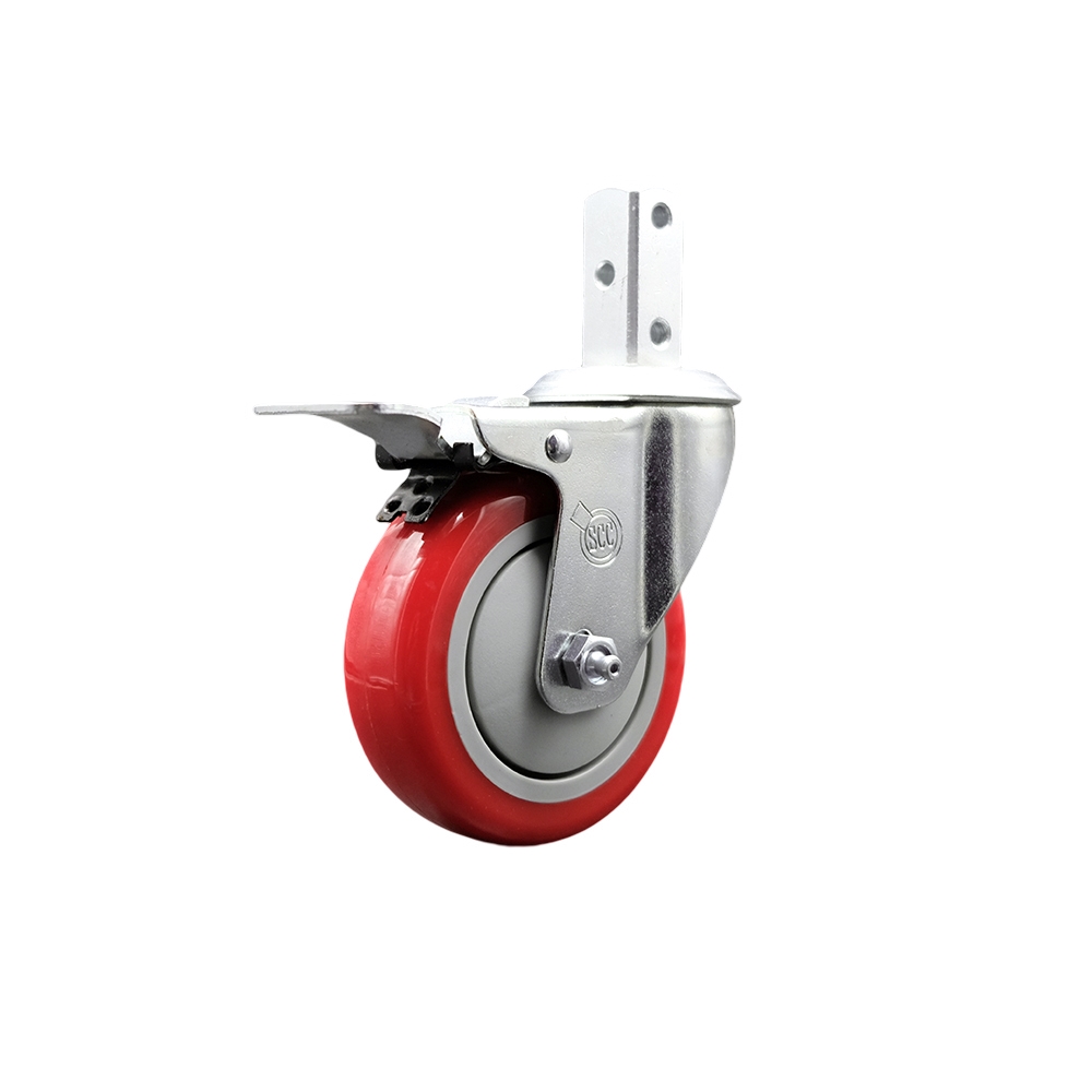 Swivel Square Stem Caster w/4” x 1.25” Red Polyurethane Wheel – 7/8” x 2” Square Stem with (3) 17/64” Diameter Mounting Holes & Total Lock Brakes – 350 lbs. Capacity/Caster – Service Caster Brand — photo 1