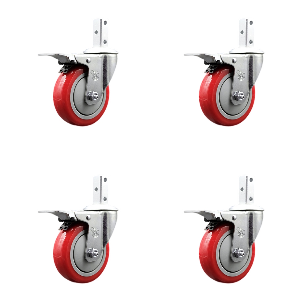Swivel Square Stem Caster Set 4 w/4” x 1.25” Red Poly Wheel - 7/8” x 2” Square Stem with (3) 17/64” Diameter Mounting Holes - Includes 4 Total Lock Brakes-1400lbs. Cpty/Caster - Service Caster Brand — photo 1