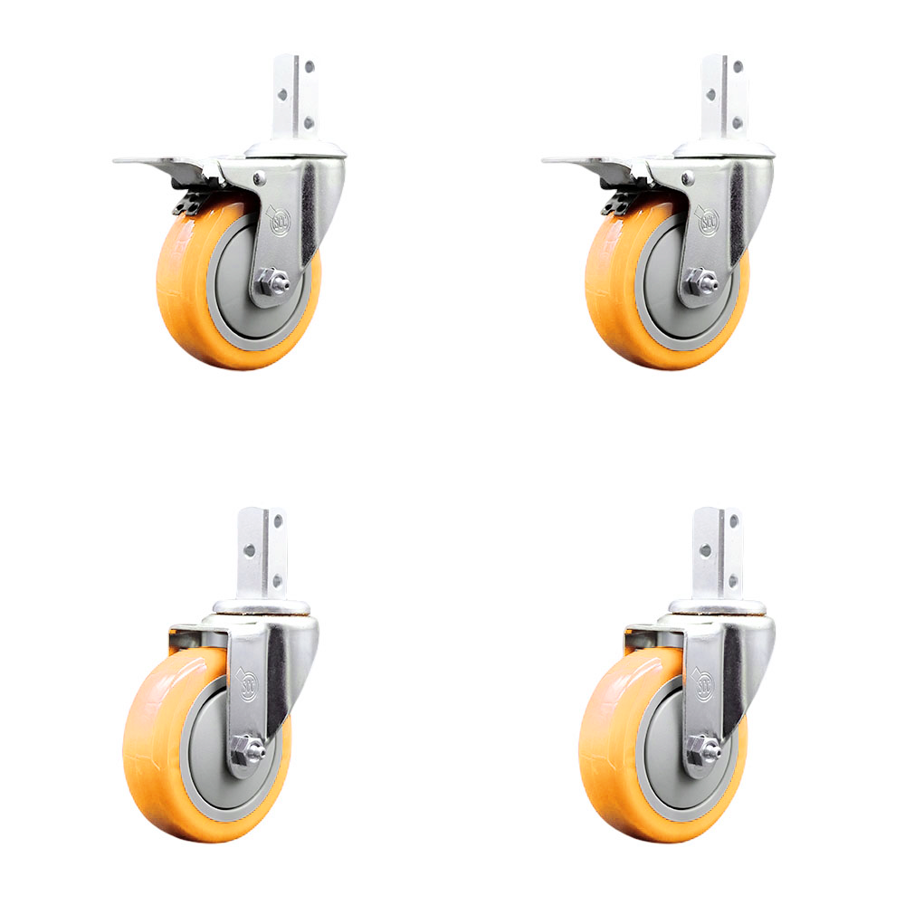 Swivel Square Stem Caster Set 4 w/4” x 1.25” Yellow Poly Wheel - 7/8” x 2” Square Stem with (3) 17/64” Diameter Mounting Holes- Includes 2 Total Lock Brakes-1400lbs. Cpty/Caster - Service Caster Brand — photo 1
