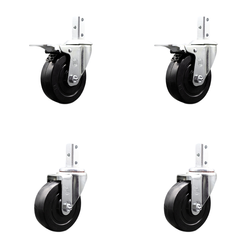 Swivel Square Stem Caster Set 4 w/4” x 1.25” Black Soft Rubber Wheel-3/4” x 2” Square Stem with (3) 17/64” Diameter Mounting Holes-Includes 2 Total Lock Brakes-800lbs. Cpty/Caster-Service Caster Brand — photo 1