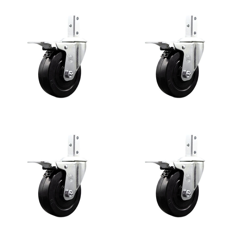 Swivel Square Stem Caster Set 4 w/4” x 1.25” Black Soft Rubber Wheel-3/4” x 2” Square Stem with (3) 17/64” Diameter Mounting Holes-Includes 4 Total Lock Brakes-800lbs. Cpty/Caster-Service Caster Brand — photo 1