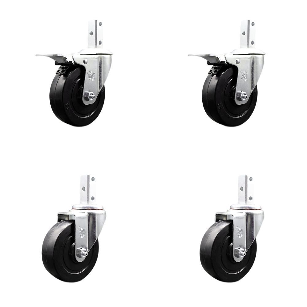 Swivel Square Stem Caster Set 4 w/4” x 1.25” Black Soft Rubber Wheel-7/8” x 2” Square Stem with (3) 17/64” Diameter Mounting Holes-Includes 2 Total Lock Brakes-800lbs. Cpty/Caster-Service Caster Brand — photo 1