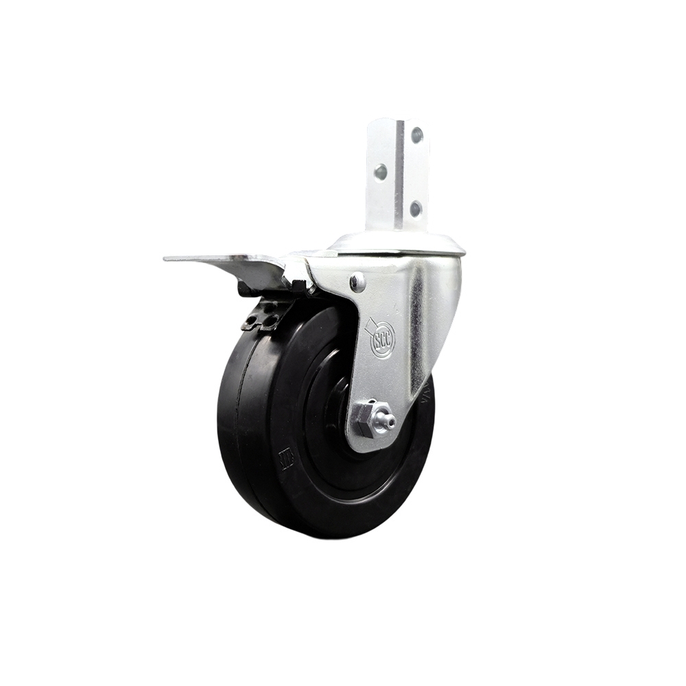 Swivel Square Stem Caster w/4” x 1.25” Black Soft Rubber Wheel – 7/8” x 2” Square Stem with (3) 17/64” Diameter Mounting Holes & Total Lock Brakes – 200 lbs. Capacity/Caster – Service Caster Brand — photo 1