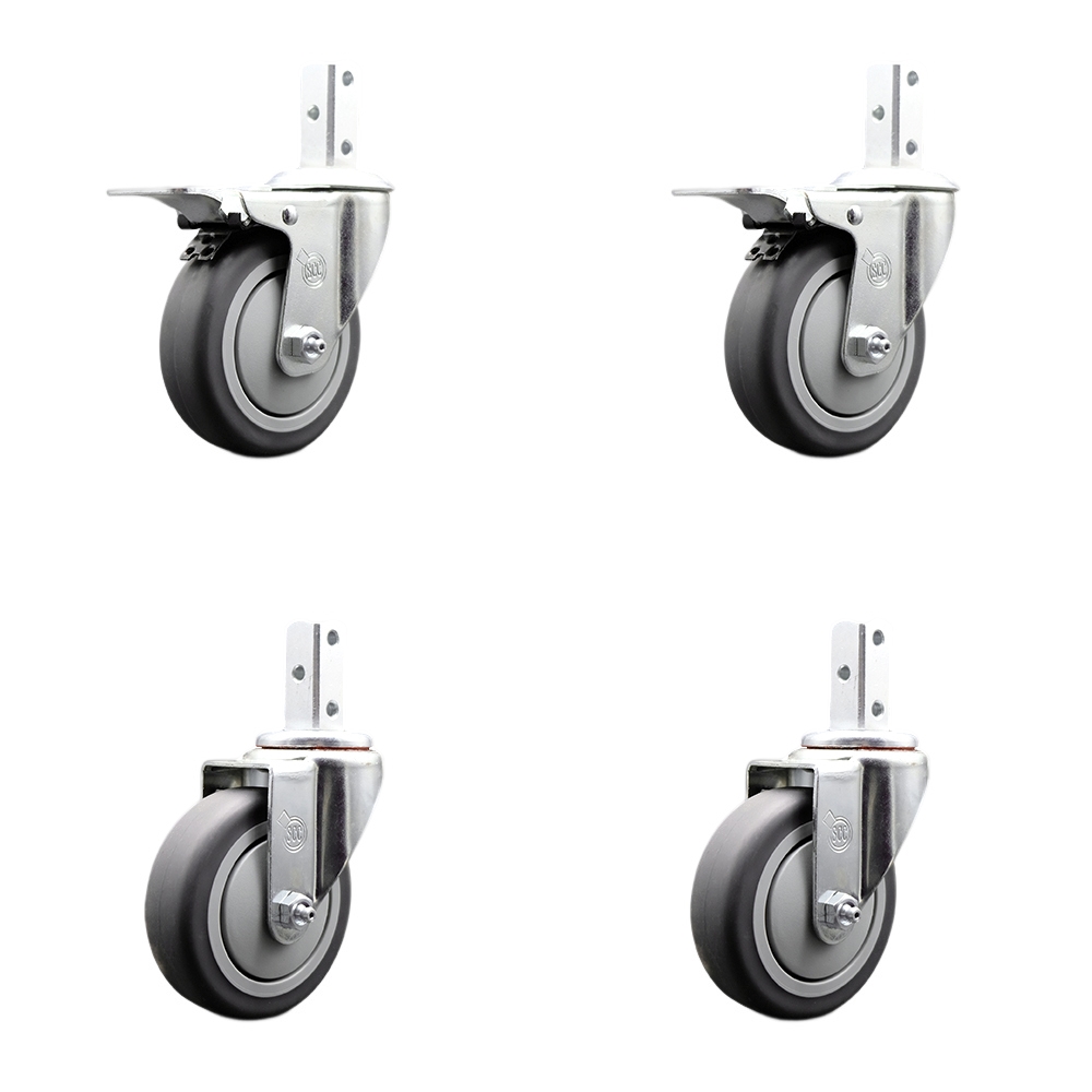 Swivel Square Stem Caster Set 4 w/4” x 1.25” Gray Thermoplastic Rubber Wheel - 3/4” x 2” Square Stem with (3) 17/64” Diameter Mounting Holes - Includes 2 Total Lock Brakes - Service Caster Brand — photo 1