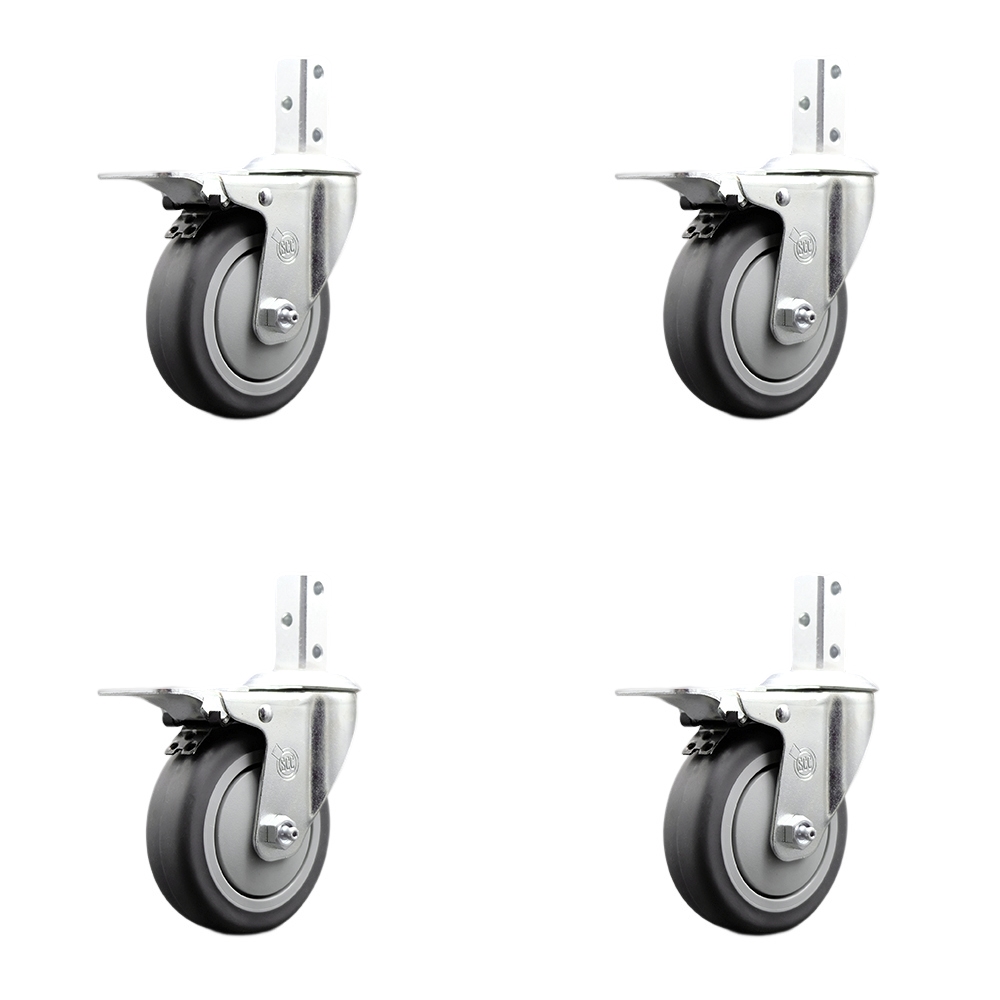 Swivel Square Stem Caster Set 4 w/4” x 1.25” Gray Thermoplastic Rubber Wheel - 7/8” x 2” Square Stem with (3) 17/64” Diameter Mounting Holes - Includes 4 Total Lock Brakes - Service Caster Brand — photo 1