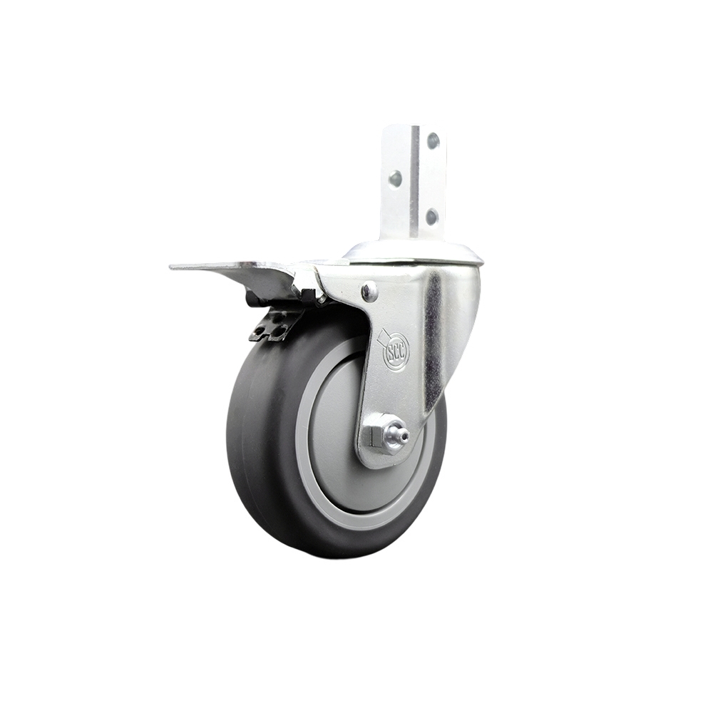 Swivel Square Stem Caster w/4” x 1.25” Gray Thermoplastic Rubber Wheel – 7/8” x 2” Square Stem with (3) 17/64” Diameter Mounting Holes&Total Lock Brakes–250 lbs. Capacity/Caster – Service Caster Brand — photo 1