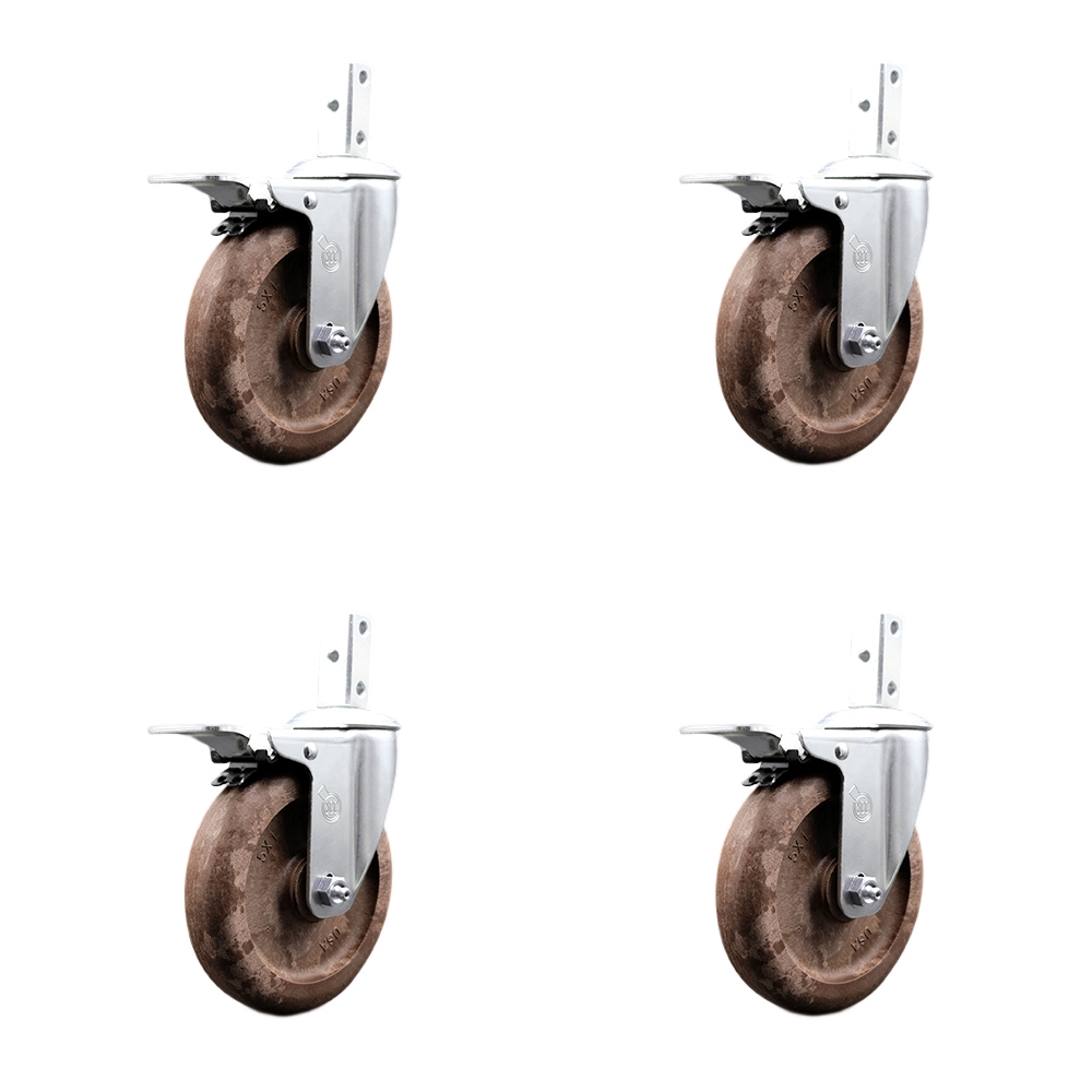 Swvl Square Stem Caster Set 4 w/5” x 1.25” Brown Glass Filled Nylon Wheel-3/4” x 2” Square Stem with (3) 17/64” Diameter Mounting Hole-Include 4 Total Lck BRK-1400lbs. Cpty/Caster-Service Caster Brand — photo 1