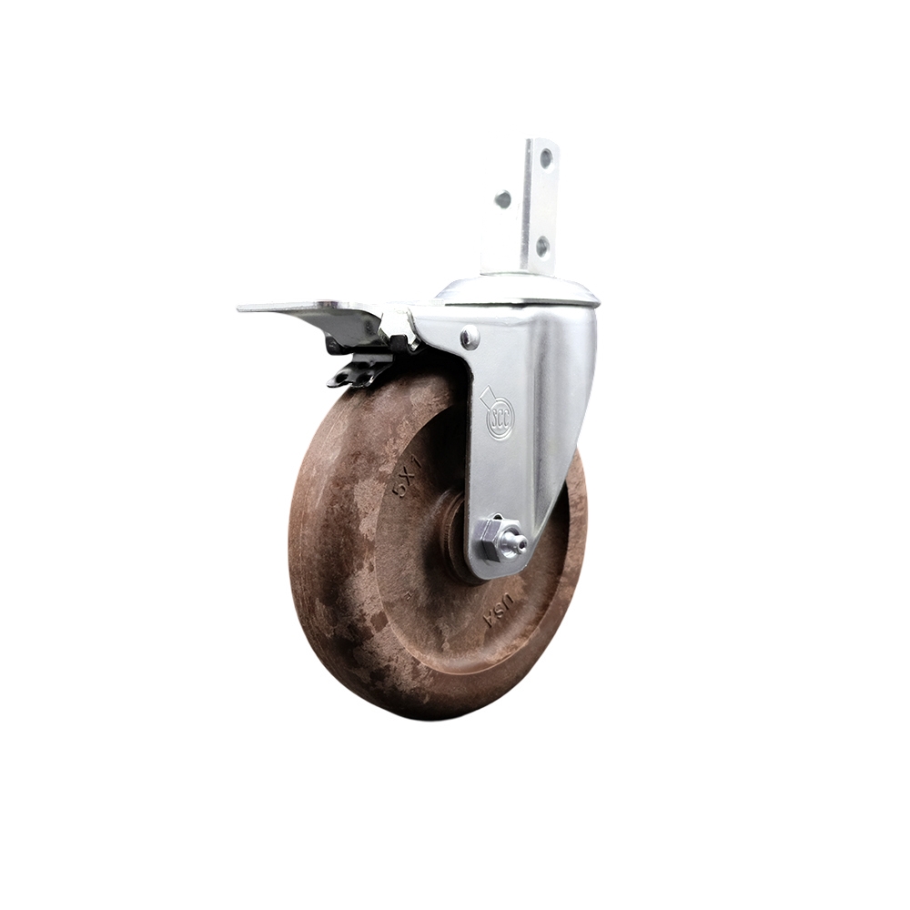 Swivel Square Stem Caster w/5” x 1.25” Brown Glass Filled Nylon Wheel – 3/4” x 2” Square Stem with (3) 17/64” Diameter Mounting Holes & Total Lock Brakes–350 lb. Capacity/Caster – Service Caster Brand — photo 1