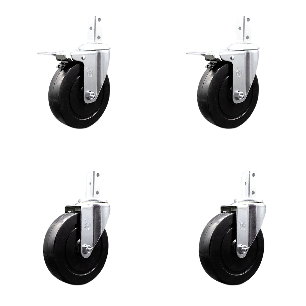 Swivel Square Stem Caster Set 4 w/5” x 1.25” Black Hard Rubber Wheel-3/4” x 2” Square Stem with (3) 17/64” Diameter Mounting Hole-Include 2 Total Lck Brakes-1200lbs. Cpty/Caster - Service Caster Brand — photo 1