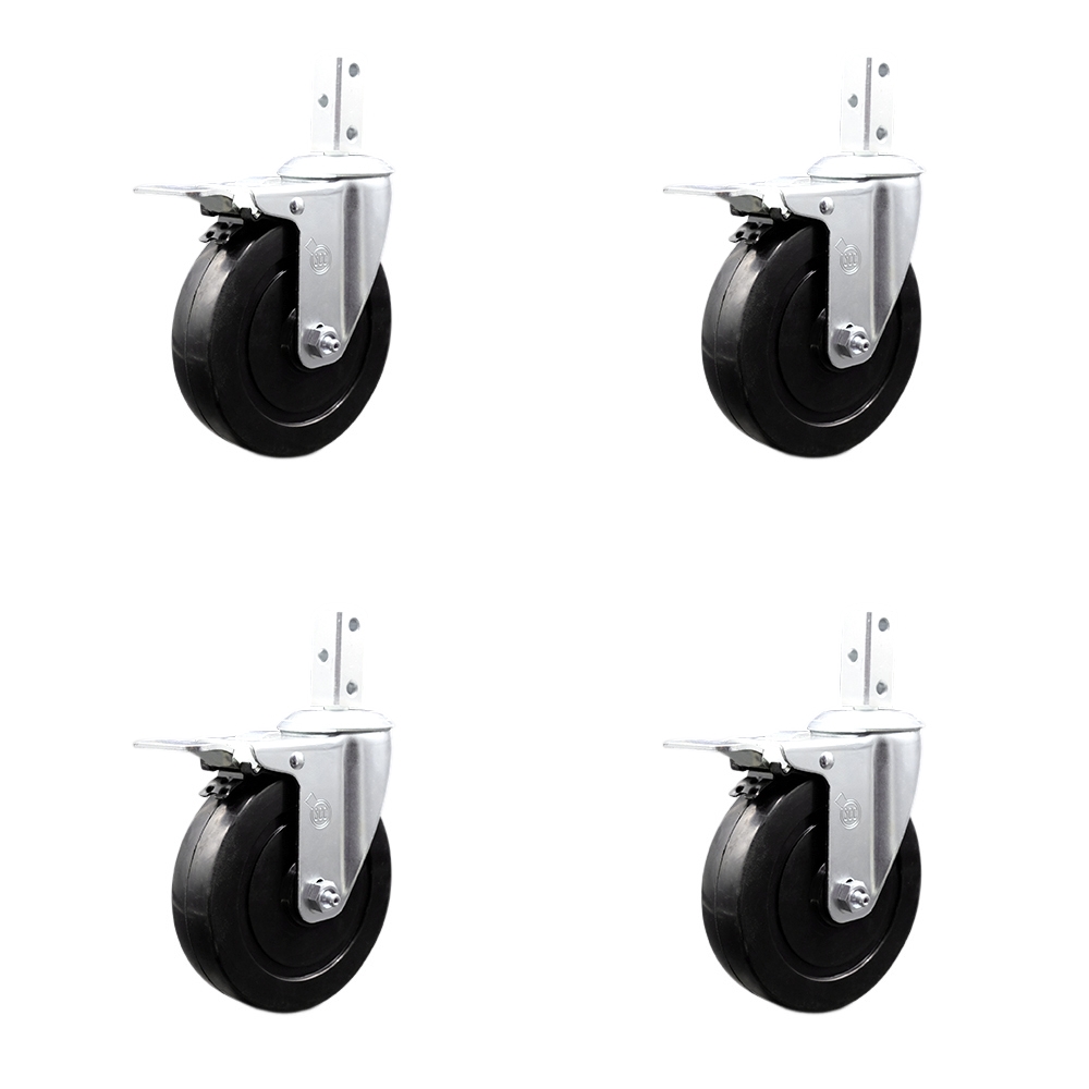 Swivel Square Stem Caster Set 4 w/5” x 1.25” Black Hard Rubber Wheel-3/4” x 2” Square Stem with (3) 17/64” Diameter Mounting Hole-Include 4 Total Lck Brakes-1200lbs. Cpty/Caster - Service Caster Brand — photo 1