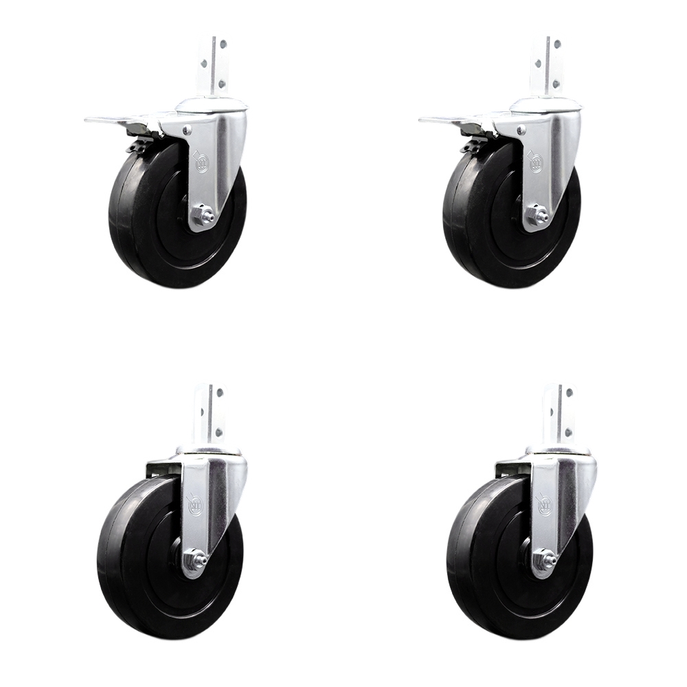 Swivel Square Stem Caster Set 4 w/5” x 1.25” Black Hard Rubber Wheel-7/8” x 2” Square Stem with (3) 17/64” Diameter Mounting Hole-Include 2 Total Lck Brakes-1200lbs. Cpty/Caster - Service Caster Brand — photo 1