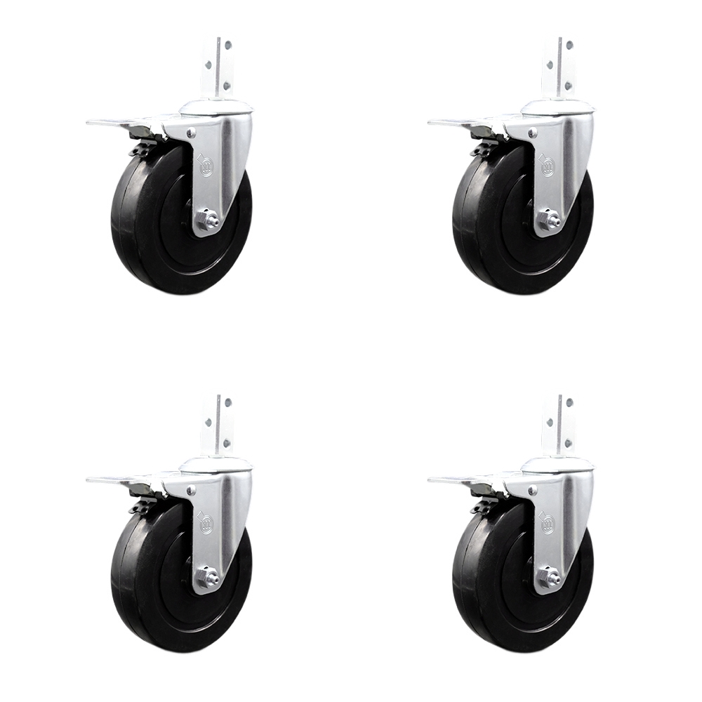 Swivel Square Stem Caster Set 4 w/5” x 1.25” Black Hard Rubber Wheel-7/8” x 2” Square Stem with (3) 17/64” Diameter Mounting Hole-Include 4 Total Lck Brakes-1200lbs. Cpty/Caster - Service Caster Brand — photo 1