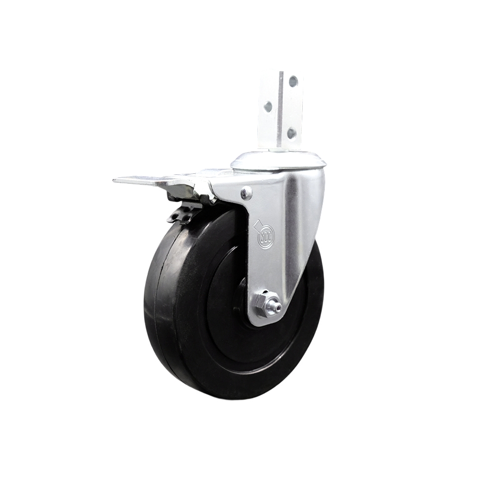 Swivel Square Stem Caster w/5” x 1.25” Black Hard Rubber Wheel – 7/8” x 2” Square Stem with (3) 17/64” Diameter Mounting Holes & Total Lock Brakes – 300 lbs. Capacity/Caster – Service Caster Brand — photo 1