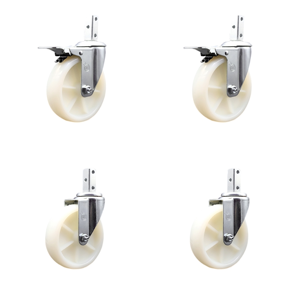 Swivel Square Stem Caster Set 4 w/5” x 1.25” White Nylon Wheel - 3/4” x 2” Square Stem with (3) 17/64” Diameter Mounting Holes- Includes 2 Total Lock Brakes-1200lbs. Cpty/Caster - Service Caster Brand — photo 1