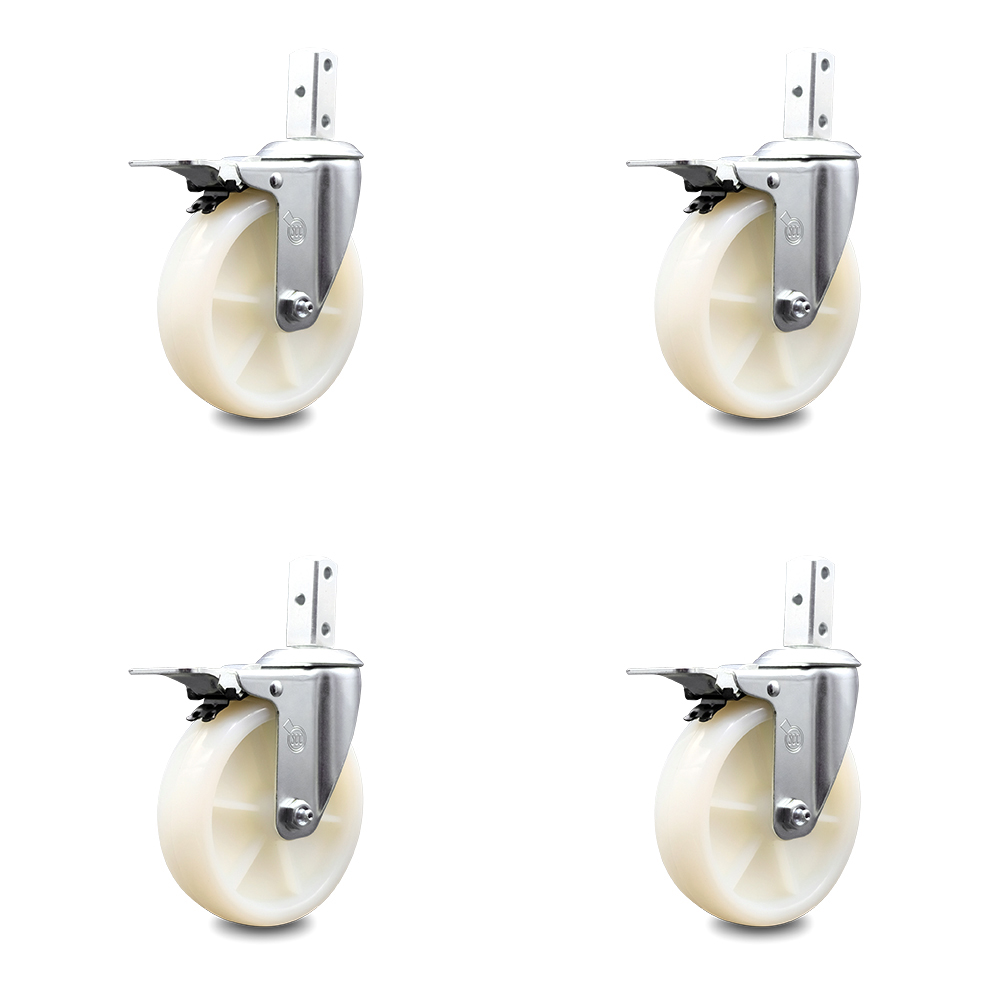 Swivel Square Stem Caster Set 4 w/5” x 1.25” White Nylon Wheel - 3/4” x 2” Square Stem with (3) 17/64” Diameter Mounting Holes- Includes 4 Total Lock Brakes-1200lbs. Cpty/Caster - Service Caster Brand — photo 1