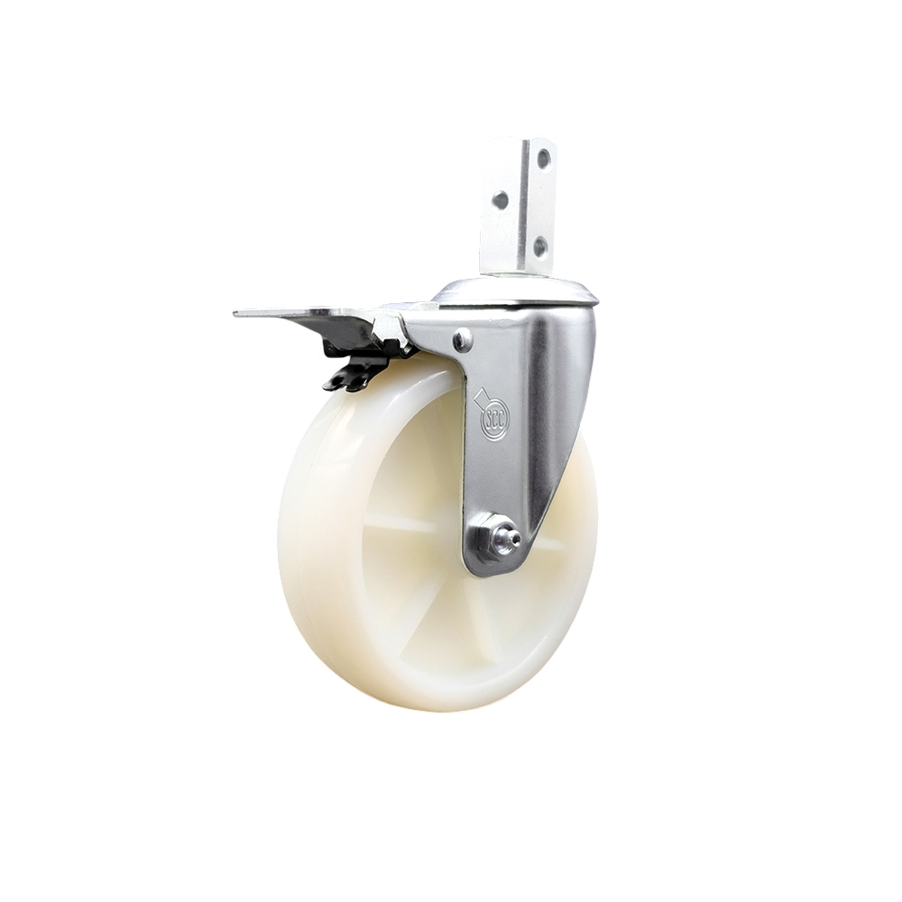 Swivel Square Stem Caster w/5” x 1.25” White Nylon Wheel – 3/4” x 2” Square Stem with (3) 17/64” Diameter Mounting Holes & Total Lock Brakes – 300 lbs. Capacity/Caster – Service Caster Brand — photo 1
