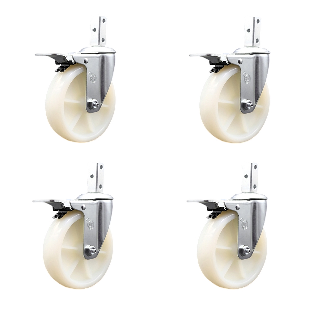 Swivel Square Stem Caster Set 4 w/5” x 1.25” White Nylon Wheel - 7/8” x 2” Square Stem with (3) 17/64” Diameter Mounting Holes- Includes 4 Total Lock Brakes-1200lbs. Cpty/Caster - Service Caster Brand — photo 1