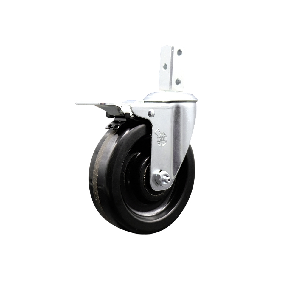 Swivel Square Stem Caster w/5” x 1.25” Black Phenolic Wheel – 3/4” x 2” Square Stem with (3) 17/64” Diameter Mounting Holes & Total Lock Brakes – 300 lbs. Capacity/Caster – Service Caster Brand — photo 1