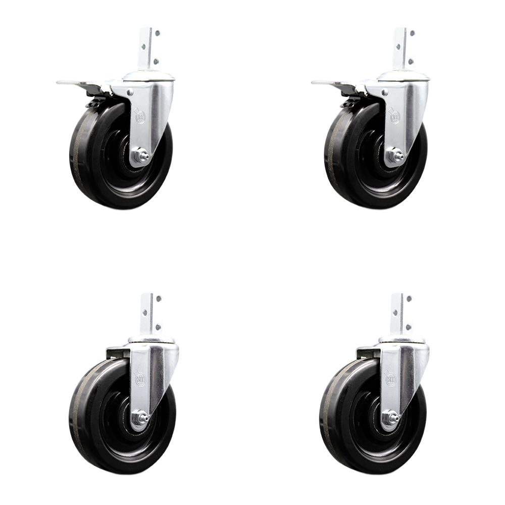 Swivel Square Stem Caster Set 4 w/5” x 1.25” Black Phenolic Wheel-7/8” x 2” Square Stem with (3) 17/64” Diameter Mounting Holes-Includes 2 Total Lock Brakes-1200lbs. Cpty/Caster - Service Caster Brand — photo 1