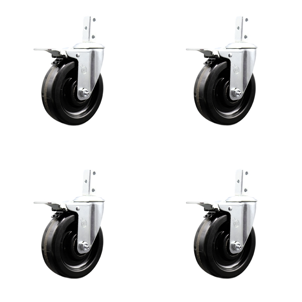 Swivel Square Stem Caster Set 4 w/5” x 1.25” Black Phenolic Wheel-7/8” x 2” Square Stem with (3) 17/64” Diameter Mounting Holes-Includes 4 Total Lock Brakes-1200lbs. Cpty/Caster - Service Caster Brand — photo 1