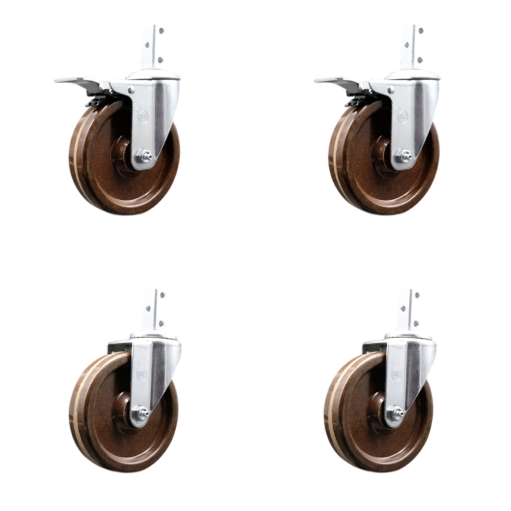 Swivel Square Stem Caster Set 4 w/5” x 1.25” Brown High Temp Phenolic Wheel - 3/4” x 2” Square Stem with (3) 17/64” Diameter Mounting Holes - Includes 2 Total Lock Brakes - Service Caster Brand — photo 1