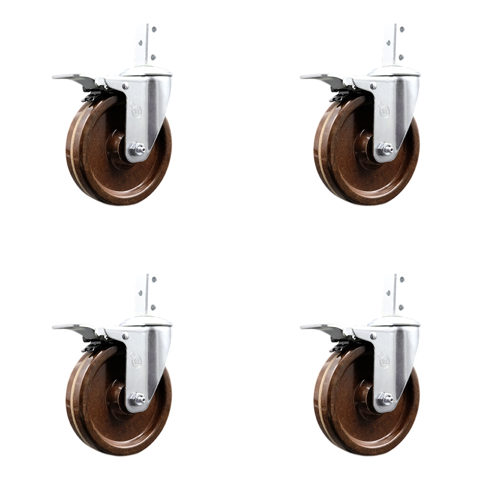 Swivel Square Stem Caster Set 4 w/5” x 1.25” Brown High Temp Phenolic Wheel - 3/4” x 2” Square Stem with (3) 17/64” Diameter Mounting Holes - Includes 4 Total Lock Brakes - Service Caster Brand — photo 1