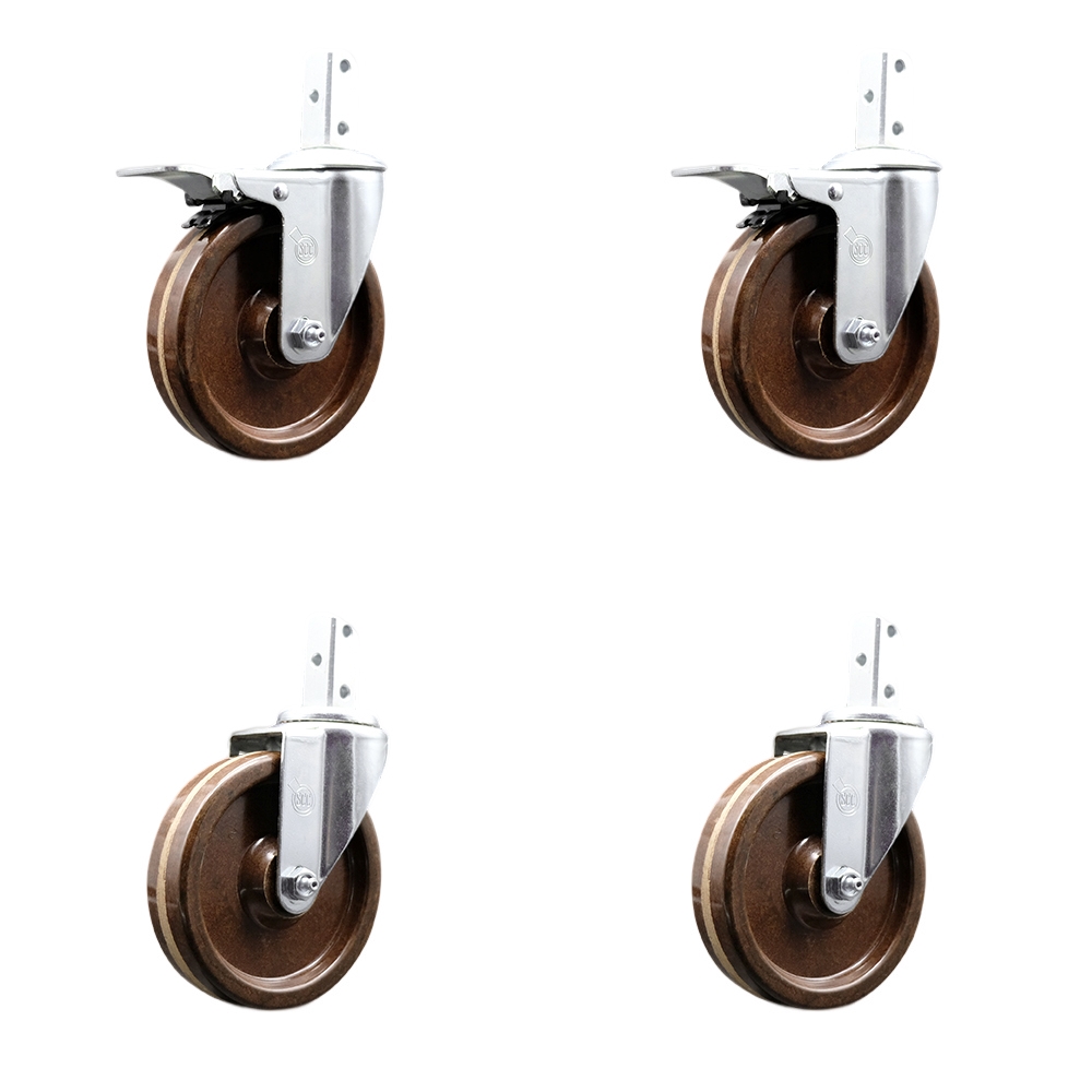 Swivel Square Stem Caster Set 4 w/5” x 1.25” Brown High Temp Phenolic Wheel - 7/8” x 2” Square Stem with (3) 17/64” Diameter Mounting Holes - Includes 2 Total Lock Brakes - Service Caster Brand — photo 1
