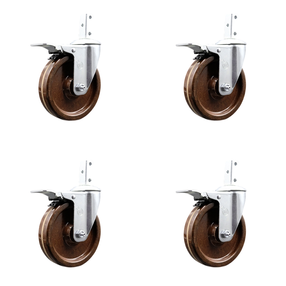 Swivel Square Stem Caster Set 4 w/5” x 1.25” Brown High Temp Phenolic Wheel - 7/8” x 2” Square Stem with (3) 17/64” Diameter Mounting Holes - Includes 4 Total Lock Brakes - Service Caster Brand — photo 1