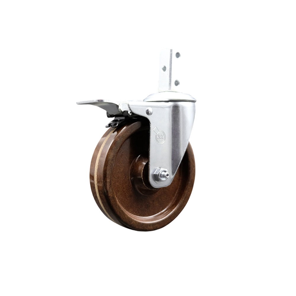 Swivel Square Stem Caster w/5” x 1.25” Brown High Temp Phenolic Wheel – 7/8” x 2” Square Stem with (3) 17/64” Diameter Mounting Holes&Total Lock Brakes– 300 lbs. Capacity/Caster – Service Caster Brand — photo 1