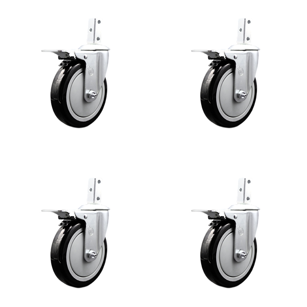 Swivel Square Stem Caster Set 4 w/5” x 1.25” Black Poly Wheel - 3/4” x 2” Square Stem with (3) 17/64” Diameter Mounting Holes-Includes 4 Total Lock Brakes-1400lbs. Cpty/Caster - Service Caster Brand — photo 1