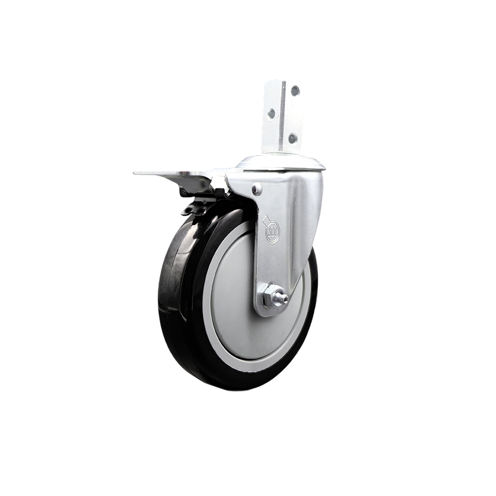 Swivel Square Stem Caster w/5” x 1.25” Black Polyurethane Wheel – 3/4” x 2” Square Stem with (3) 17/64” Diameter Mounting Holes & Total Lock Brakes – 350 lbs. Capacity/Caster – Service Caster Brand — photo 1