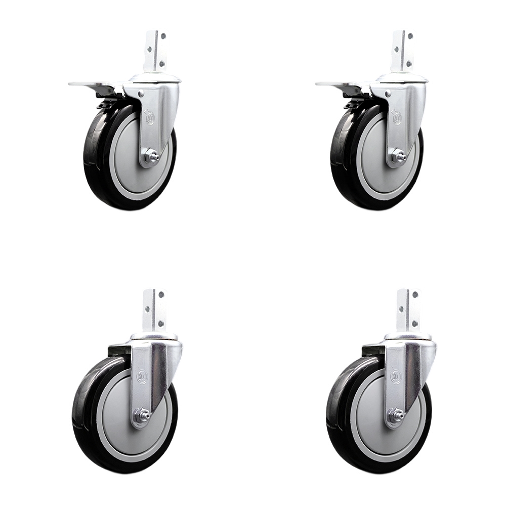 Swivel Square Stem Caster Set 4 w/5” x 1.25” Black Poly Wheel - 7/8” x 2” Square Stem with (3) 17/64” Diameter Mounting Holes-Includes 2 Total Lock Brakes-1400lbs. Cpty/Caster - Service Caster Brand — photo 1
