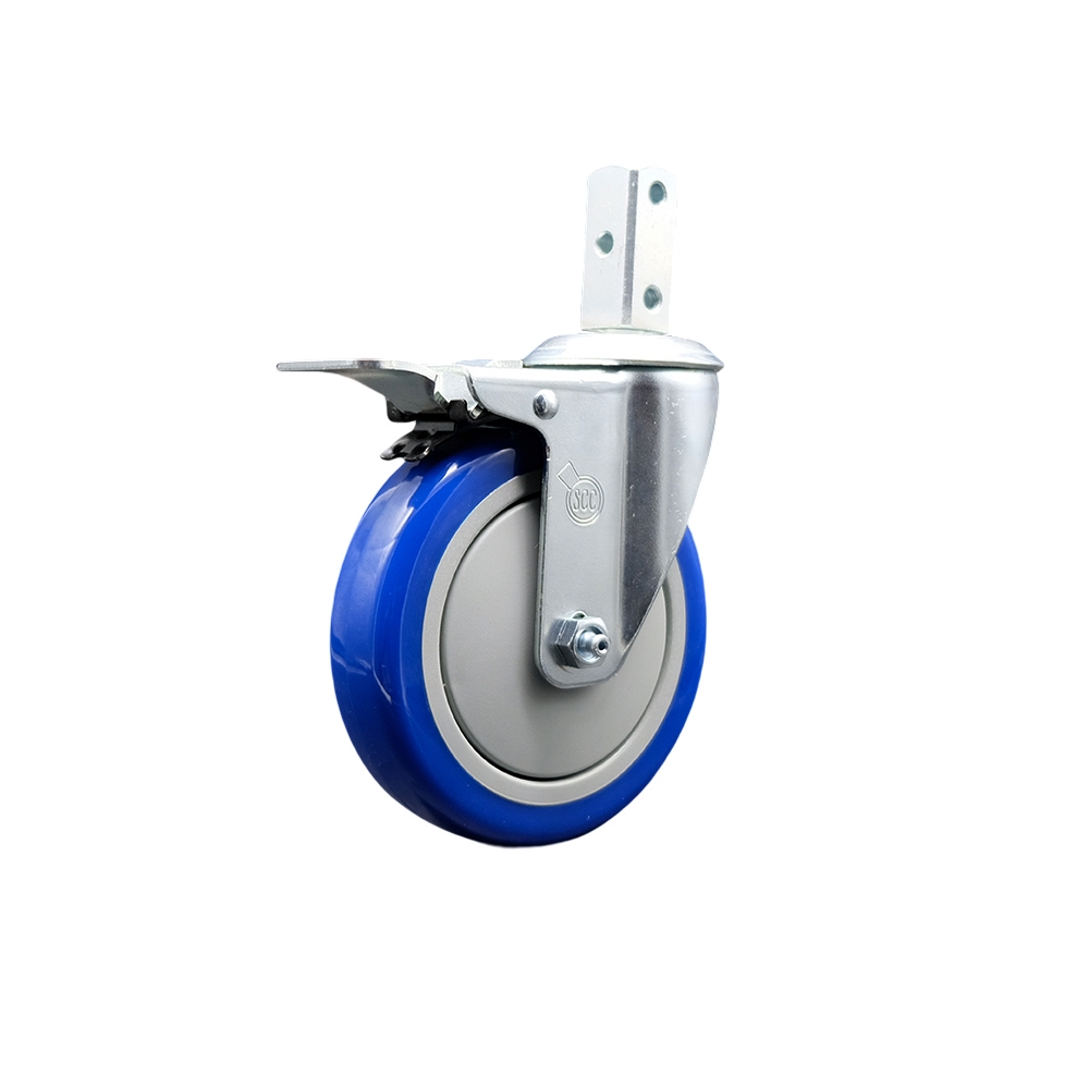 Swivel Square Stem Caster w/5” x 1.25” Blue Polyurethane Wheel – 3/4” x 2” Square Stem with (3) 17/64” Diameter Mounting Holes & Total Lock Brakes – 350 lbs. Capacity/Caster – Service Caster Brand — photo 1