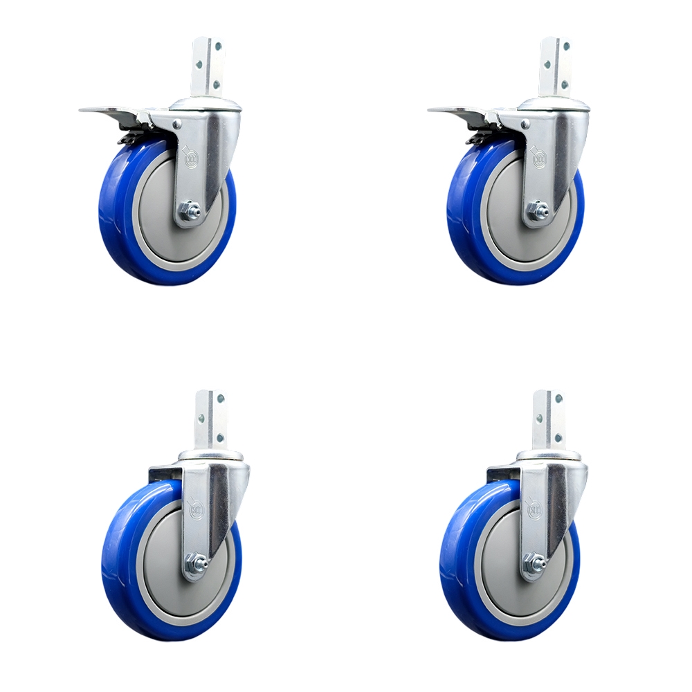 Swivel Square Stem Caster Set 4 w/5” x 1.25” Blue Poly Wheel - 7/8” x 2” Square Stem with (3) 17/64” Diameter Mounting Holes-Includes 2 Total Lock Brakes-1400lbs. Cpty/Caster - Service Caster Brand — photo 1