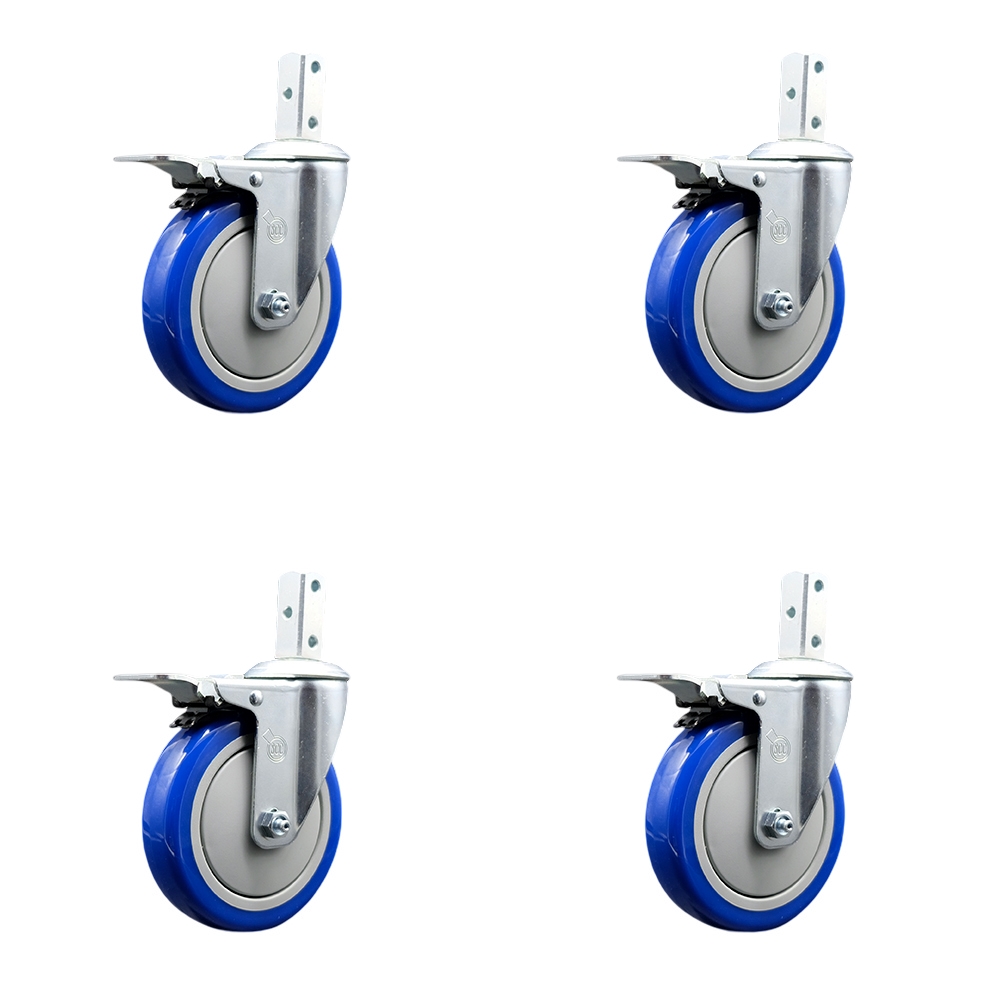 Swivel Square Stem Caster Set 4 w/5” x 1.25” Blue Poly Wheel - 7/8” x 2” Square Stem with (3) 17/64” Diameter Mounting Holes-Includes 4 Total Lock Brakes-1400lbs. Cpty/Caster - Service Caster Brand — photo 1