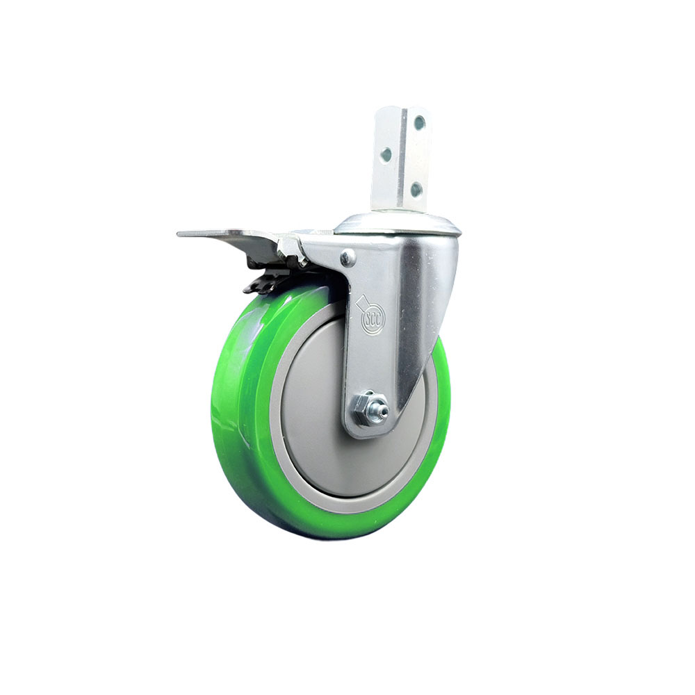 Swivel Square Stem Caster w/5” x 1.25” Green Polyurethane Wheel – 3/4” x 2” Square Stem with (3) 17/64” Diameter Mounting Holes & Total Lock Brakes – 350 lbs. Capacity/Caster – Service Caster Brand — photo 1
