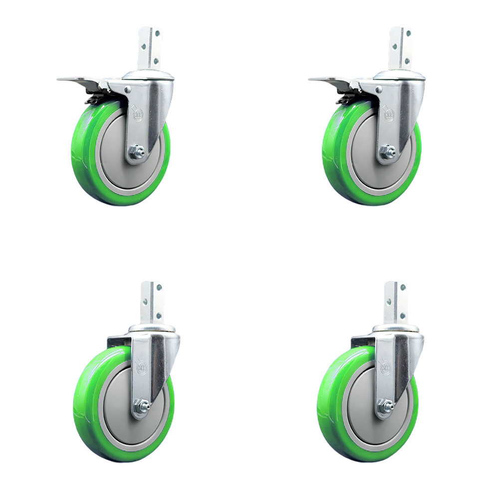 Swivel Square Stem Caster Set 4 w/5” x 1.25” Green Poly Wheel - 7/8” x 2” Square Stem with (3) 17/64” Diameter Mounting Holes-Includes 2 Total Lock Brakes-1400lbs. Cpty/Caster - Service Caster Brand — photo 1