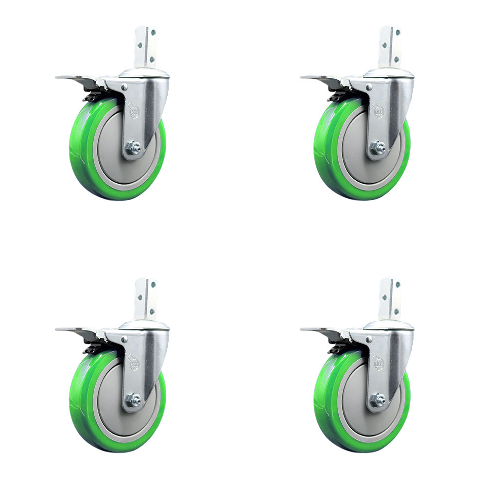 Swivel Square Stem Caster Set 4 w/5” x 1.25” Green Poly Wheel - 7/8” x 2” Square Stem with (3) 17/64” Diameter Mounting Holes-Includes 4 Total Lock Brakes-1400lbs. Cpty/Caster - Service Caster Brand — photo 1