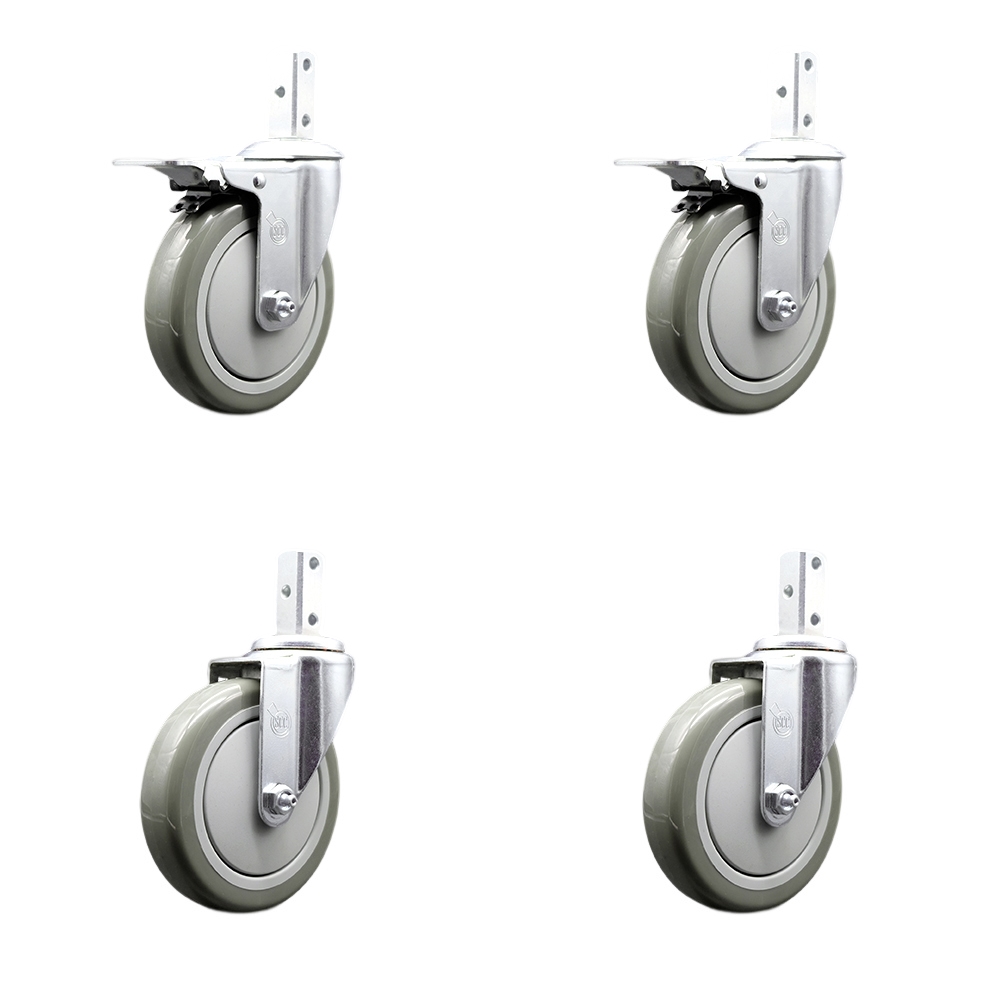 Swivel Square Stem Caster Set 4 w/5” x 1.25” Gray Poly Wheel - 7/8” x 2” Square Stem with (3) 17/64” Diameter Mounting Holes-Includes 2 Total Lock Brakes-1400lbs. Cpty/Caster - Service Caster Brand — photo 1