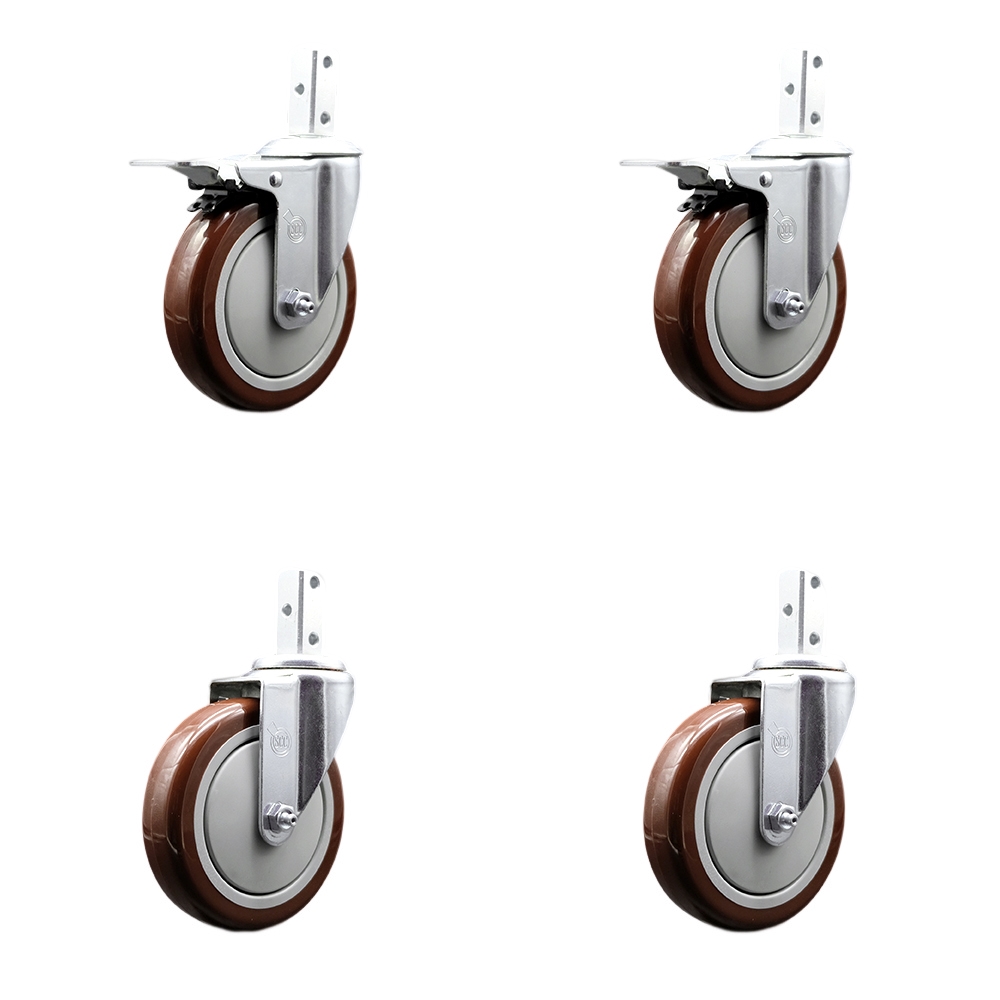 Swivel Square Stem Caster Set 4 w/5” x 1.25” Maroon Poly Wheel - 3/4” x 2” Square Stem with (3) 17/64” Diameter Mounting Holes-Includes 2 Total Lock Brakes-1400lbs. Cpty/Caster - Service Caster Brand — photo 1