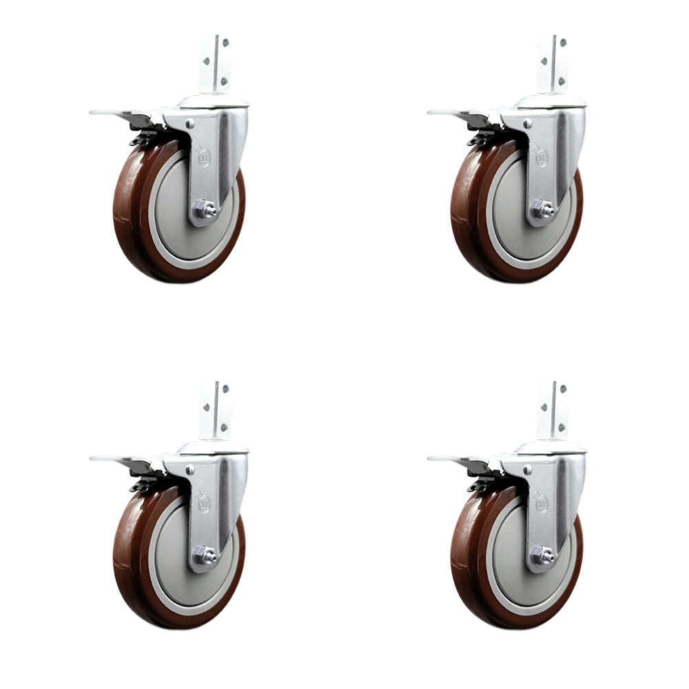 Swivel Square Stem Caster Set 4 w/5” x 1.25” Maroon Poly Wheel - 3/4” x 2” Square Stem with (3) 17/64” Diameter Mounting Holes-Includes 4 Total Lock Brakes-1400lbs. Cpty/Caster - Service Caster Brand — photo 1