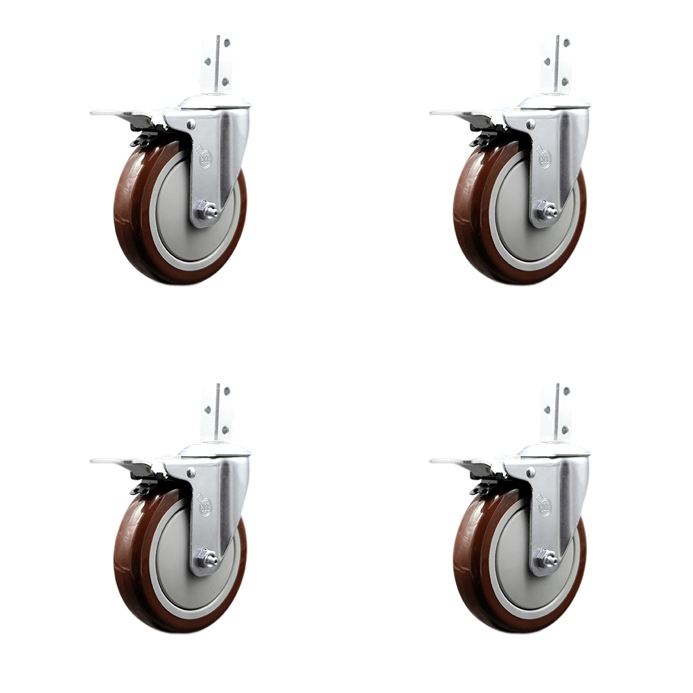Swivel Square Stem Caster Set 4 w/5” x 1.25” Maroon Poly Wheel - 7/8” x 2” Square Stem with (3) 17/64” Diameter Mounting Holes-Includes 4 Total Lock Brakes-1400lbs. Cpty/Caster - Service Caster Brand — photo 1