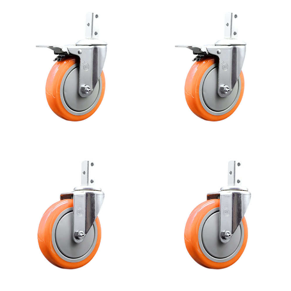 Swivel Square Stem Caster Set 4 w/5” x 1.25” Orange Poly Wheel - 3/4” x 2” Square Stem with (3) 17/64” Diameter Mounting Holes-Includes 2 Total Lock Brakes-1400lbs. Cpty/Caster - Service Caster Brand — photo 1