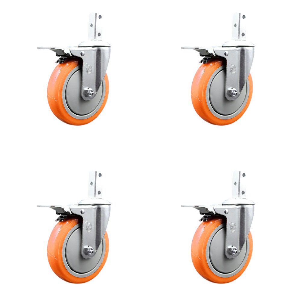 Swivel Square Stem Caster Set 4 w/5” x 1.25” Orange Poly Wheel - 7/8” x 2” Square Stem with (3) 17/64” Diameter Mounting Holes-Includes 4 Total Lock Brakes-1400lbs. Cpty/Caster - Service Caster Brand — photo 1
