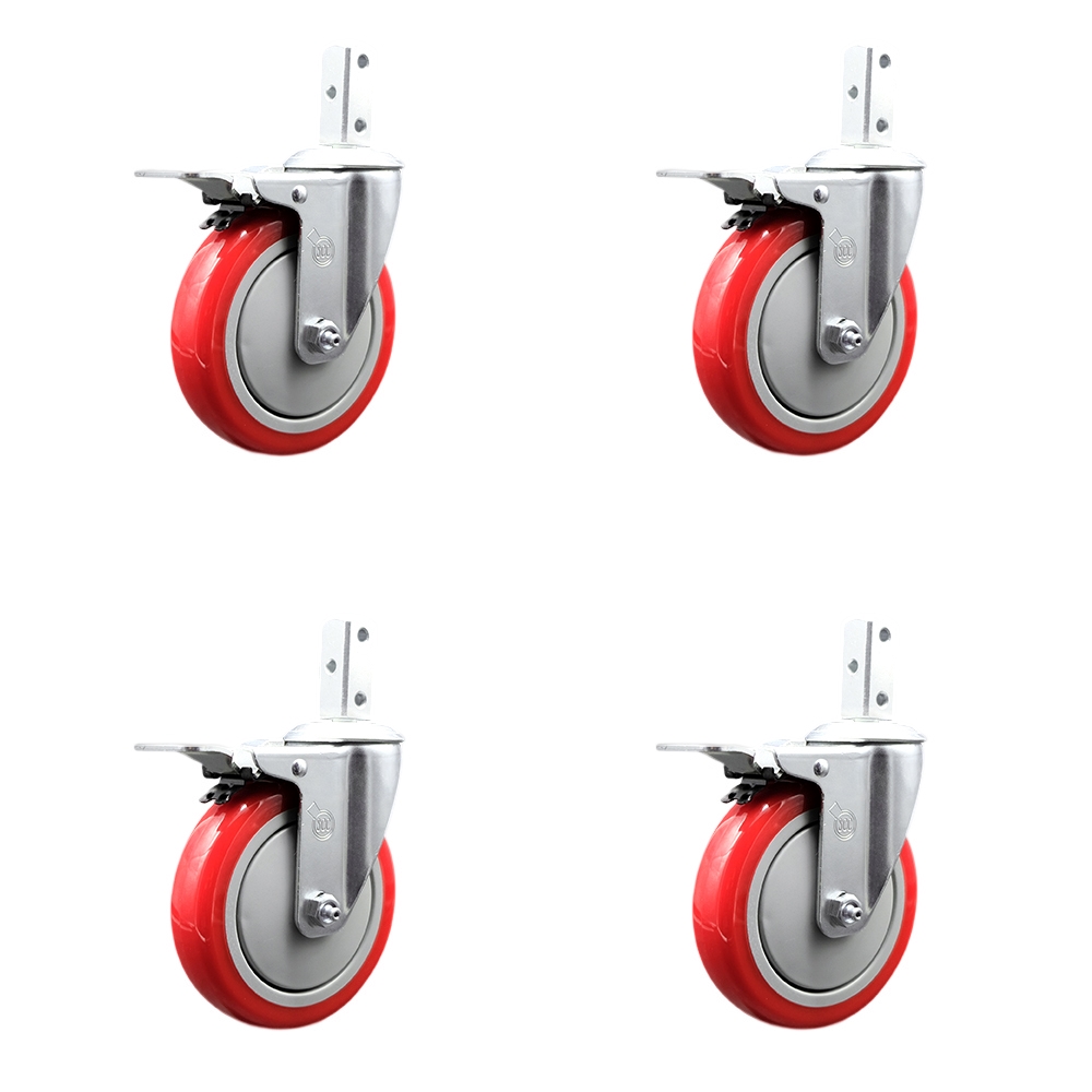 Swivel Square Stem Caster Set 4 w/5” x 1.25” Red Poly Wheel - 3/4” x 2” Square Stem with (3) 17/64” Diameter Mounting Holes-Includes 4 Total Lock Brakes-1400lbs. Cpty/Caster - Service Caster Brand — photo 1