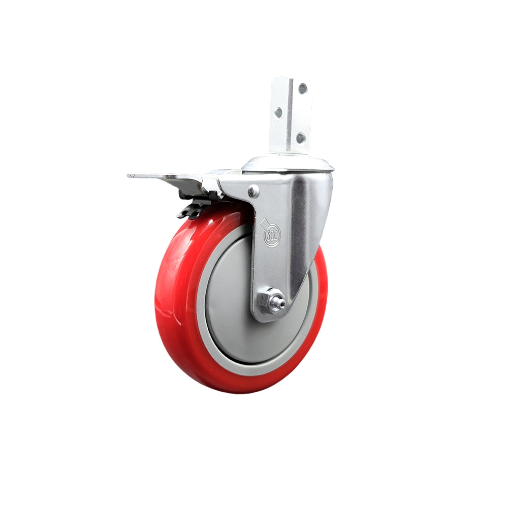 Swivel Square Stem Caster w/5” x 1.25” Red Polyurethane Wheel – 3/4” x 2” Square Stem with (3) 17/64” Diameter Mounting Holes & Total Lock Brakes – 350 lbs. Capacity/Caster – Service Caster Brand — photo 1