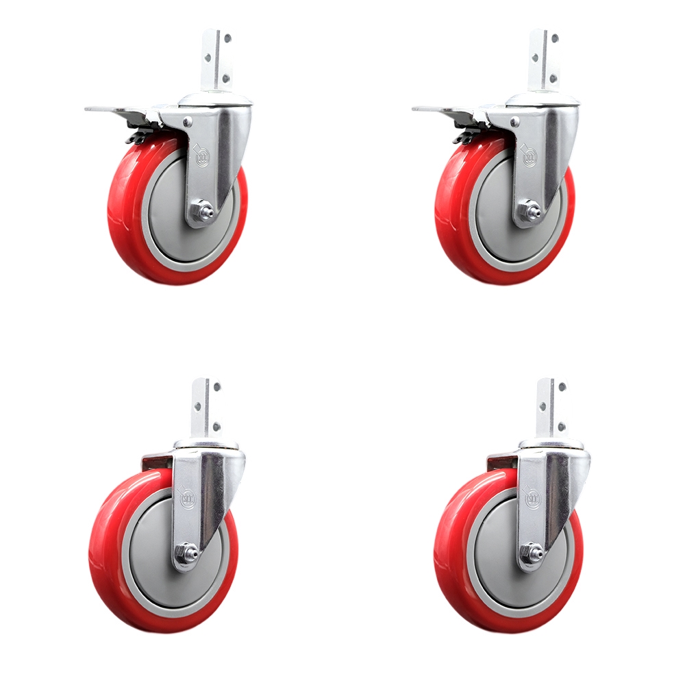 Swivel Square Stem Caster Set 4 w/5” x 1.25” Red Poly Wheel - 7/8” x 2” Square Stem with (3) 17/64” Diameter Mounting Holes-Includes 2 Total Lock Brakes-1400lbs. Cpty/Caster - Service Caster Brand — photo 1