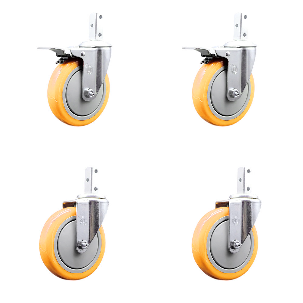 Swivel Square Stem Caster Set 4 w/5” x 1.25” Yellow Poly Wheel - 3/4” x 2” Square Stem with (3) 17/64” Diameter Mounting Holes-Includes 2 Total Lock Brakes-1400lbs. Cpty/Caster - Service Caster Brand — photo 1