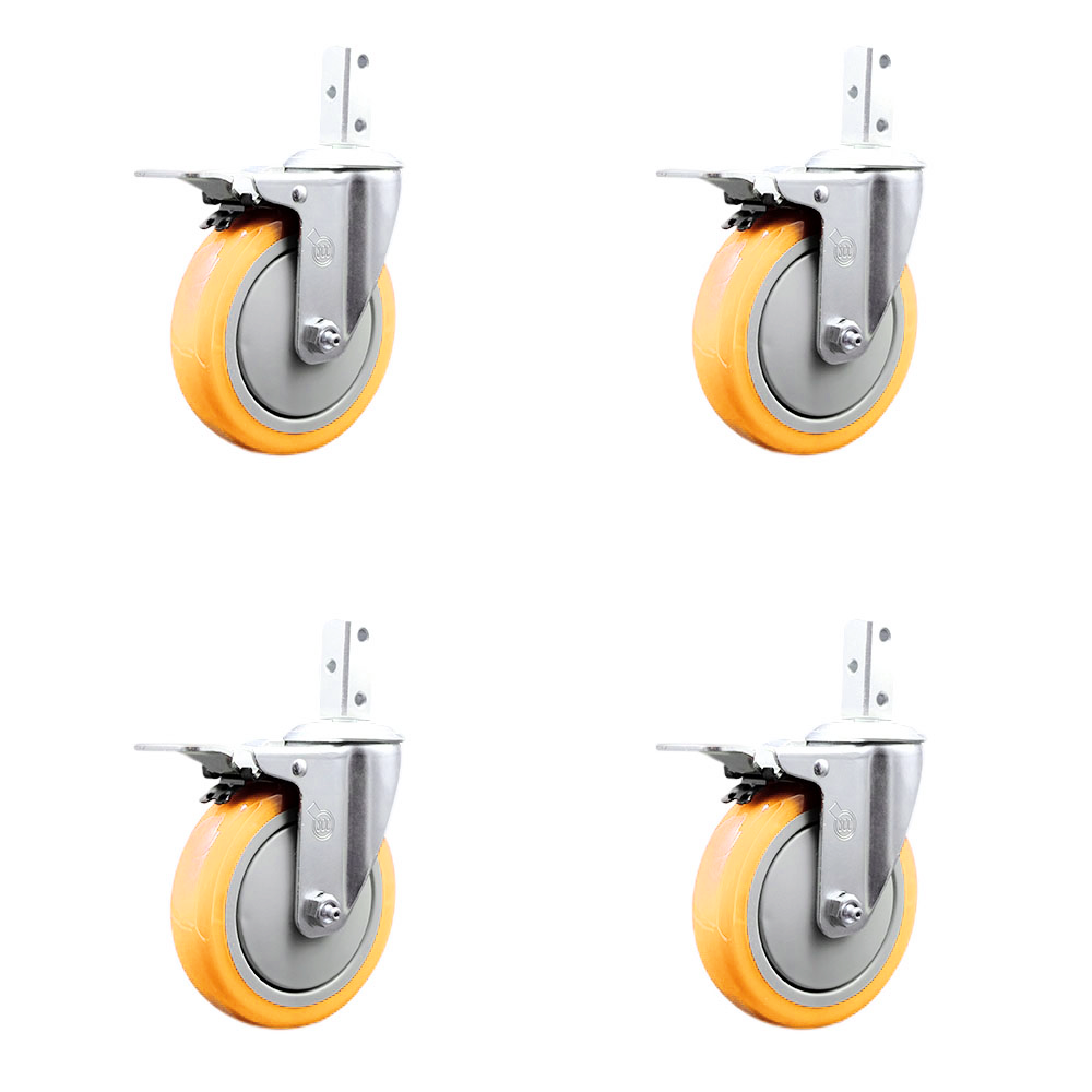 Swivel Square Stem Caster Set 4 w/5” x 1.25” Yellow Poly Wheel - 7/8” x 2” Square Stem with (3) 17/64” Diameter Mounting Holes-Includes 4 Total Lock Brakes-1400lbs. Cpty/Caster - Service Caster Brand — photo 1